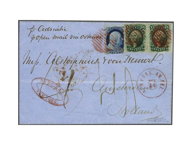 Benjamin Franklin 1 cent blue perforated 15½ and George Washington 10 cents green perforated 15½ in pair with red grid cancel