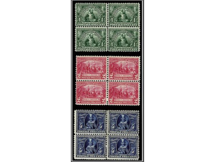 Jamestown 1 - 5 cents in blocks of 4, nos. 328-329 unmounted mint, no. 330 mounted mint, cat.v. $ 1060+