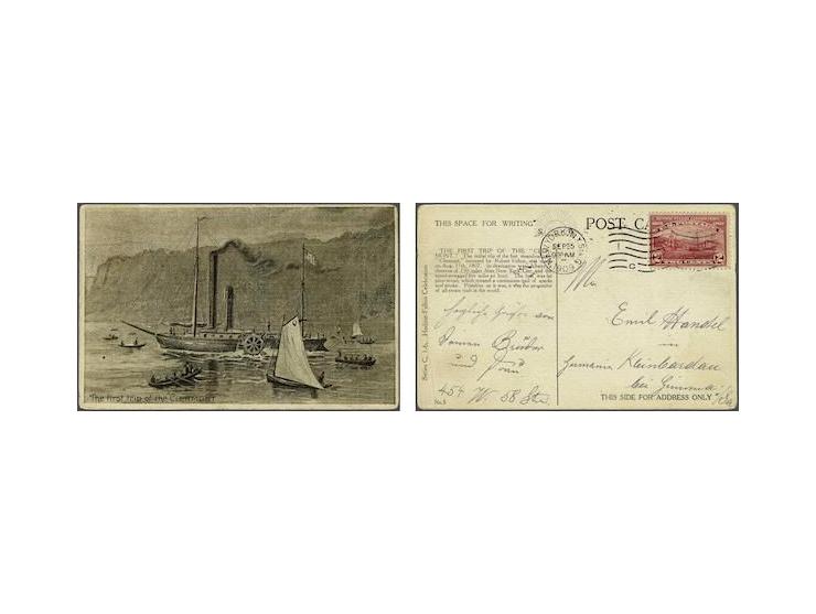 Hudson-Fulton 2 cents carmine with first day cancellation 25-9-1909 on Expo-related picture postcard The first trip of the Cl