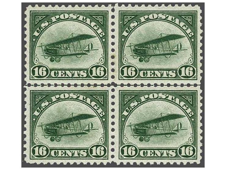 Airmail. Curtiss Jenny 16 cents green in center line block of 4, very fine unmounted mint, cat.v. $ 480+