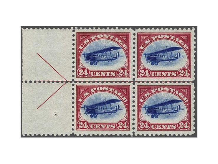 Airmail. Curtiss Jenny 24 cents carmine rose and blue in a marginal block of 4 with arrow at left, very fine unmounted mint (