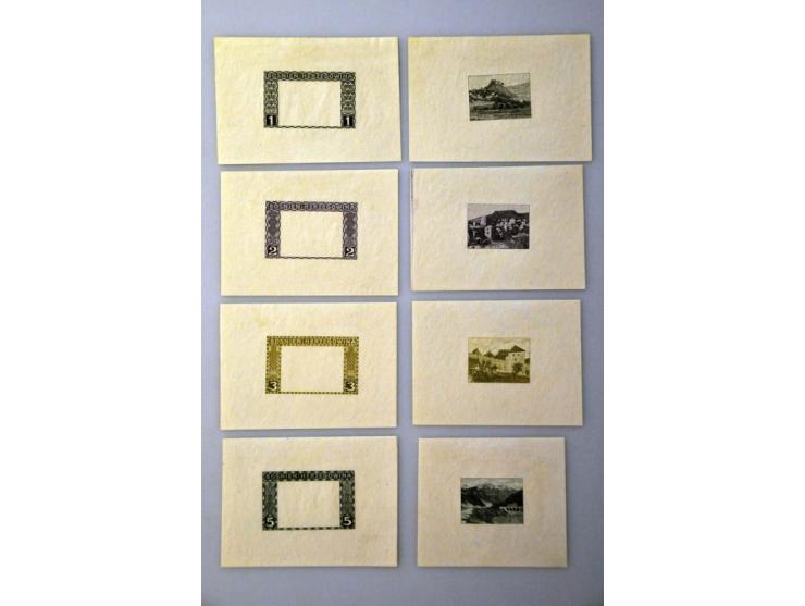 Landscapes 1 heller - 5 kronen, imperforated proofs in the chosen colours, one set with only frame and one set with only cent