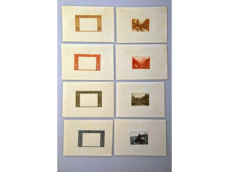 Landscapes 1 heller - 5 kronen, imperforated proofs in the chosen colours, one set with only frame and one set with only cent
