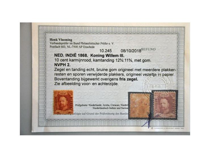 10 cent karmijnrood (NVPH 2) *, fraai ex. met kleine bemerkingen met attest Vleeming 2018, cat.w. 1500
