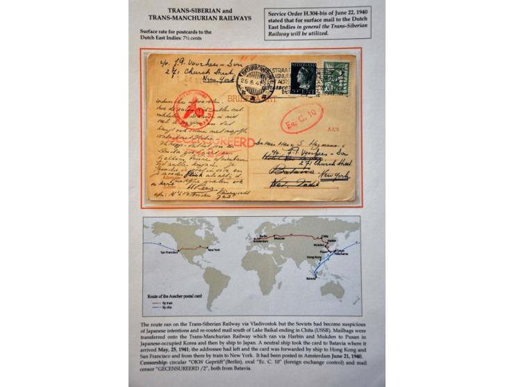 Postcard with 3 cent Dove and 5 cent Queen Wilhelmina Amsterdam-Batavia 22.VI.1940 by Trans-Siberian and Trans-Manchurian rai