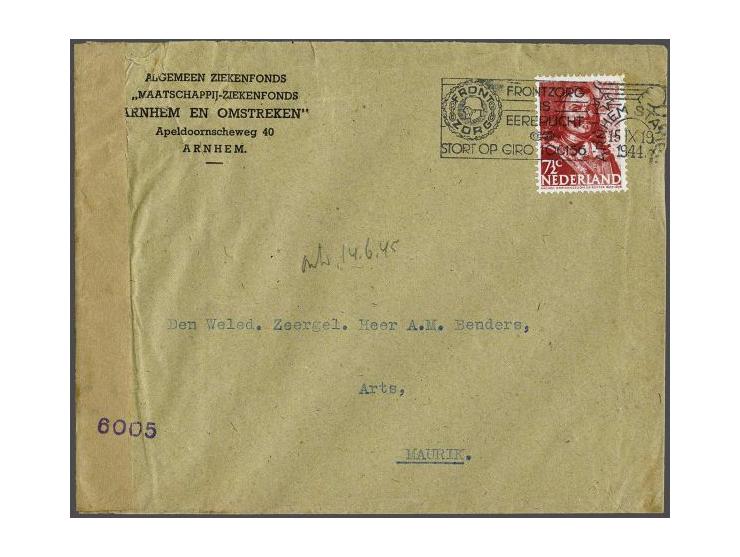 Überroller letter with 7½ cent Arnhem-Station 15.IX.1944 to Maurik (sent 2 days before Operation Market Garden), letter fell 