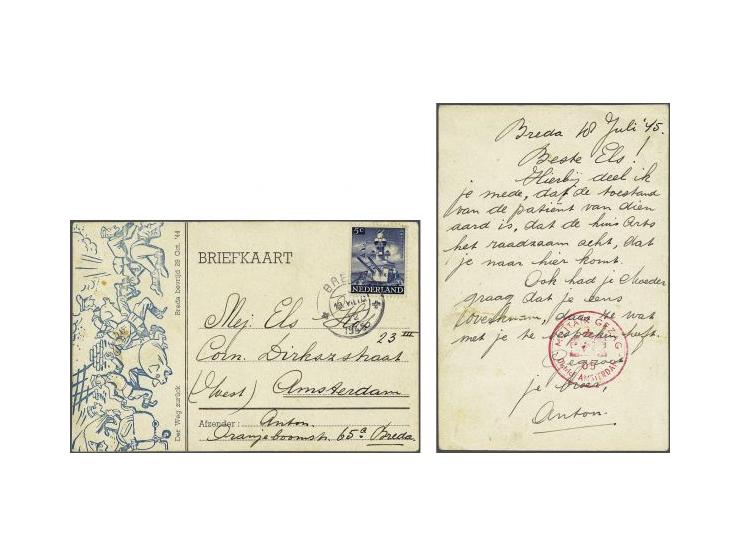 Red censor roundcancel MILITAIR GEZAG District AMSTERDAM 05 on card with 5 cent Freedom, ship cruiser De Ruyter with short ba