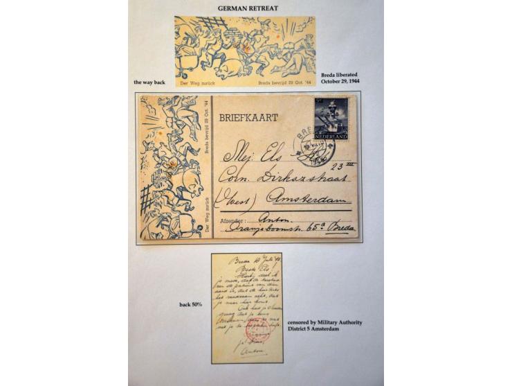 Red censor roundcancel MILITAIR GEZAG District AMSTERDAM 05 on card with 5 cent Freedom, ship cruiser De Ruyter with short ba