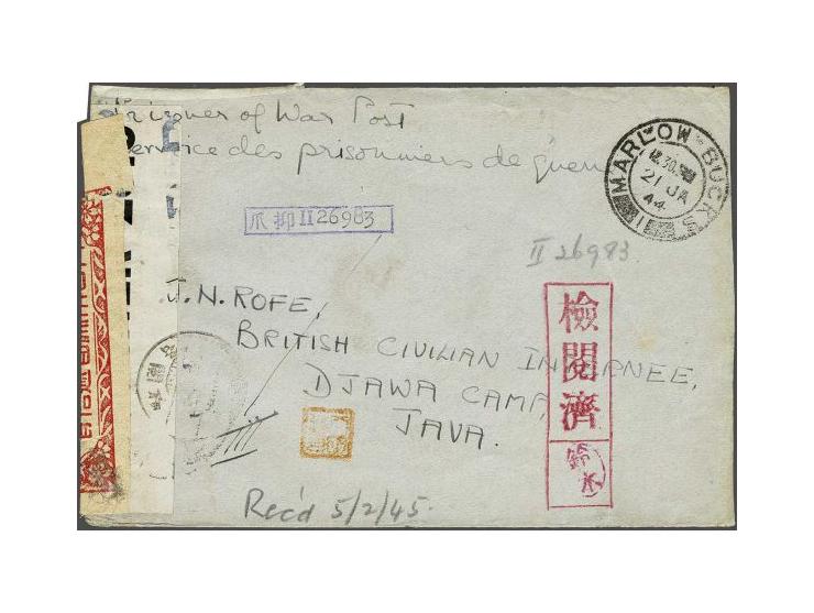 POW mail cover sent from the UK to the Djawa POW Camp on Java tied by a Marlow Bucks single arc cds 21-1-1944 and censored by