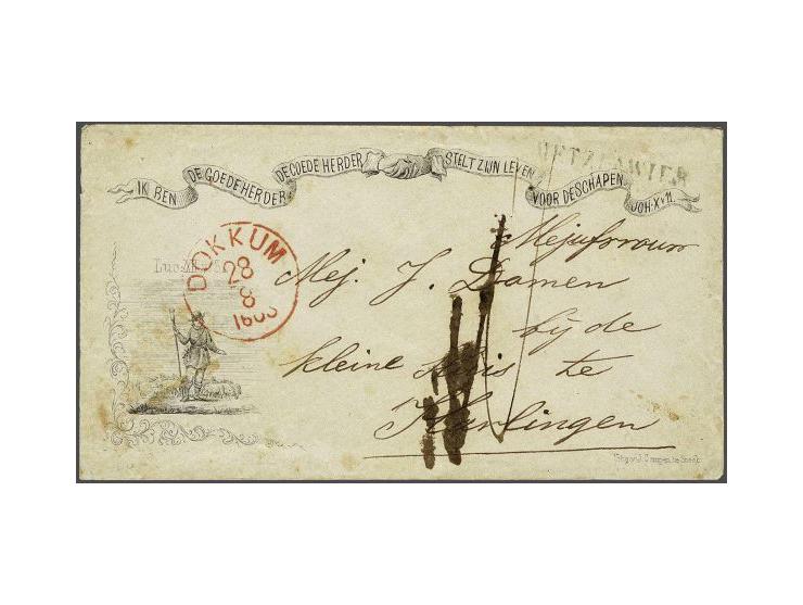 Geillustreerde envelop Ik ben de Goede Herder van Metzlawier (langstempel voorzijde) via Dokkum 28-8-1865 naar Harlingen, vri