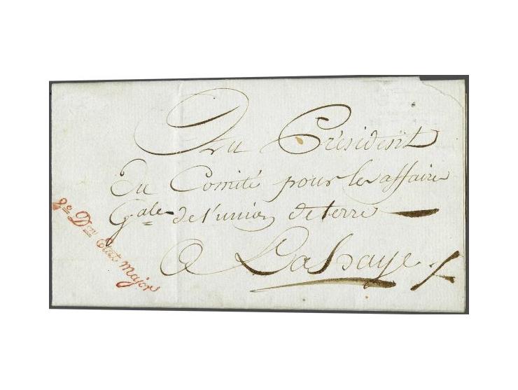 Franse Post, 2e Don Etat Major in rood, pracht afdruk, op deels gedrukte frisse brief Armée du Nord 2e Division 28 july 1797 