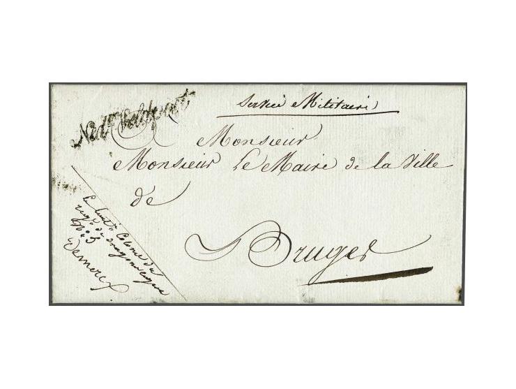 Ned=se Veldpost in zwart, licht vlekkerig op brief Pithon 23 Aug 1815 naar Brugge, geschreven service militaire en portvrij (
