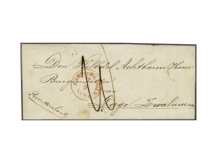 Rood rondstempel Kamp by Milligen op vouwbrief 7-9-1861 via Zevenbergen naar Lage Zwaluwe met geschreven port 10, pracht ex. 