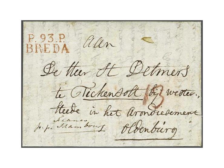 P.93.P. BREDA in rood, pracht afdruk op brief 20-07-1811 met interessante inhoud naar Fikensolt (Duitsland), geschreven Franc
