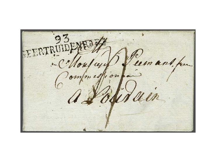 93 GEERTRUIDENBERG in zwart, iets vlekkerige afdruk op brief uit Oosterhout 13-8-1812 naar Leuven, 4 déc port, pracht ex.  