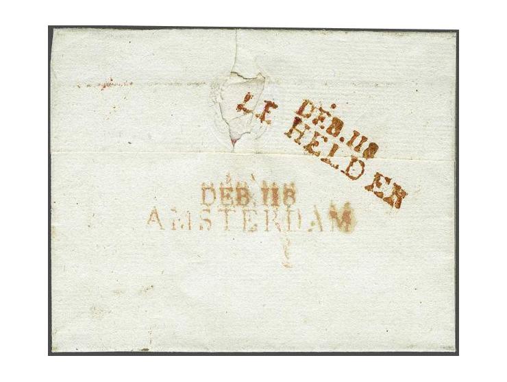 DÉB.118 LE HELDER in rood, iets vlekkerige afdruk op achterzijde briefomslag van Frankrijk (over Parijs) naar Haarlem, alwaar