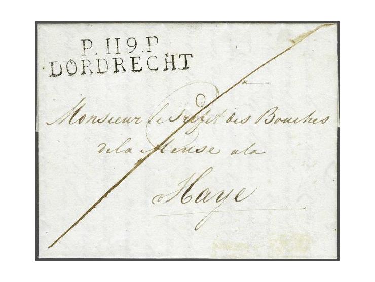 P.119.P. DORDRECHT in zwart, pracht afdruk op brief 27-6-1813 naar 's-Gravenhage, 2 déc vooruitbetaald port, pracht ex.