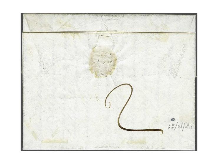 P.119.P. DORDRECHT in zwart, pracht afdruk op brief 27-6-1813 naar 's-Gravenhage, 2 déc vooruitbetaald port, pracht ex.