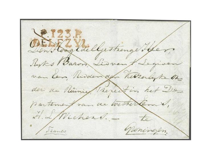 P.123.P. DELFZYL in rood, iets vlekkerige afdruk op briefomslag uit 1812 naar Groningen, 2 déc vooruitbetaald port, fraai ex.