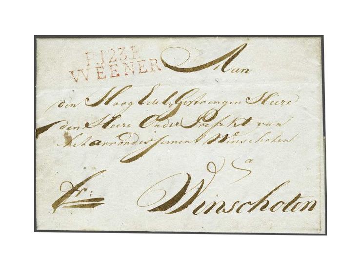 P.123.P. WEENER in rood, pracht afdruk op brief 4-1-1813 naar Winschoten, 2 déc vooruitbetaald port, vrijwel pracht ex. (plaa