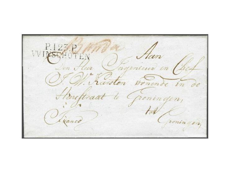 P.123.P. WINSCHOTEN in zwart, pracht afdruk op brief 19-3-1812 naar Groningen, fris pracht ex. 