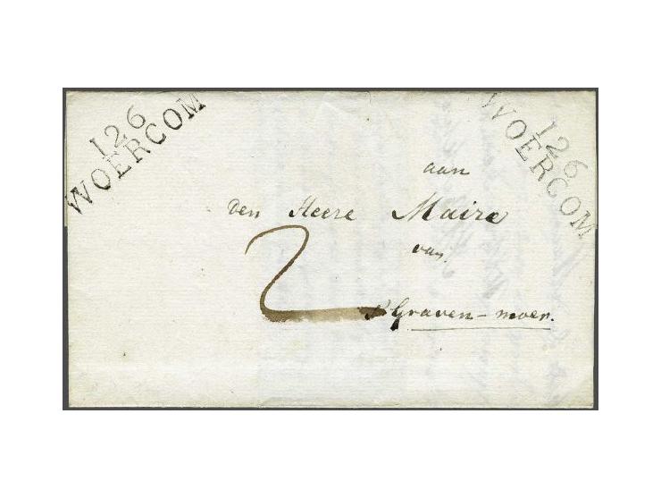 126 WOERCOM in zwart, dubbele afdruk op brief 8-8-1812 naar 's-Gravenmoer, 2 déc port, pracht ex.   