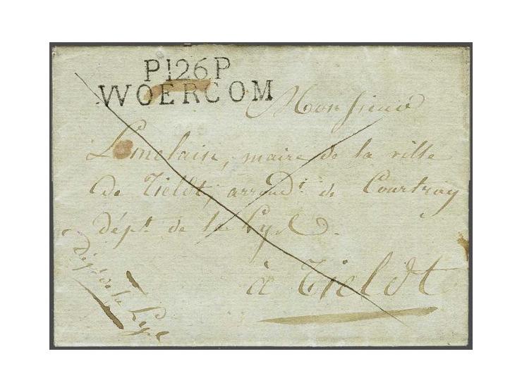 P.126.P. WOERCOM in zwart, pracht afdruk op ongedateerde brief naar Tieldt (België), port vooruitbetaald, fraai ex. (plek van