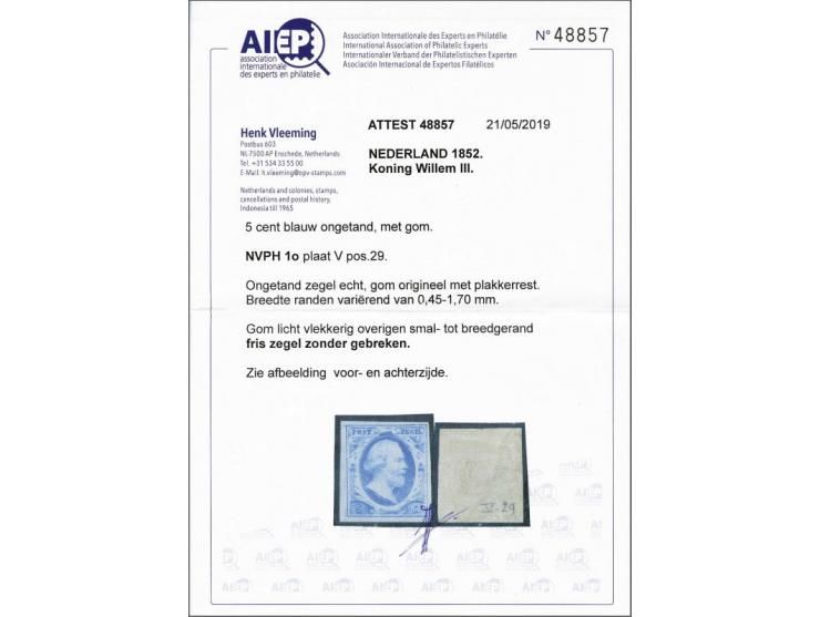 5 cent blauw plaat V pos. 29, pracht ex. met originele gom en plakkerrestje met certificaat Vleeming 2019 (gom licht vlekkeri