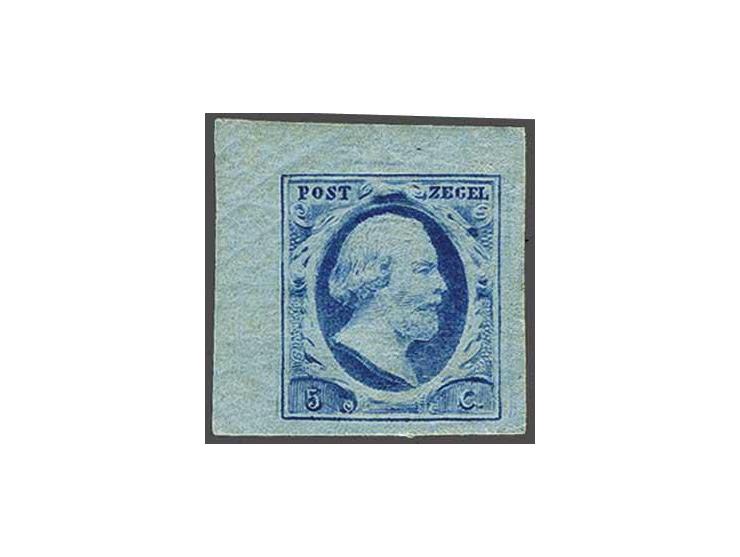 5 cent blauw plaat VI pos. 76 op dun papier met hoekvelrand, pracht ex. (onbeduidend vouwtje in marge en iets papierresten ac