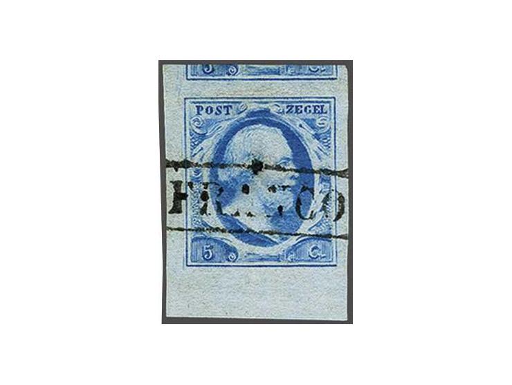 5 cent blauw plaat V pos. 46 met velrand en deel buurzegel, pracht ex. 
