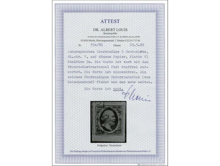 5 cent blauw plaat VI pos. 50 op dun papier met velrand en deel buurzegel, pracht ex. met certificaat Dr. Louis 1985