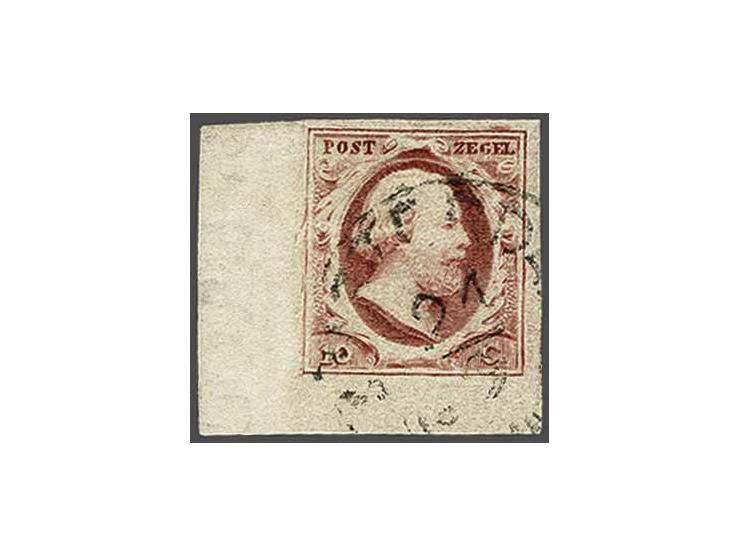 10 cent rood plaat IV pos. 21 met enorme hoekvelrand, watermerklijn en deel Postzegels, pracht ex.