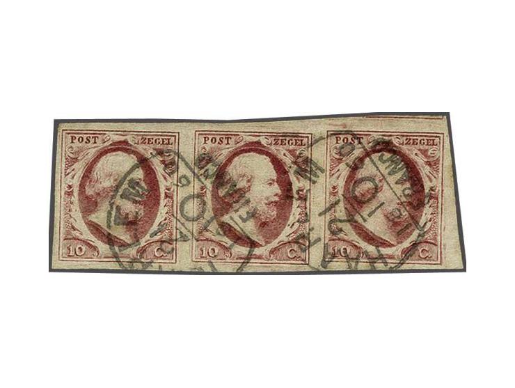 10 cent bruinrood plaat VI pos. 83-85 in strip van 3, pracht ex.