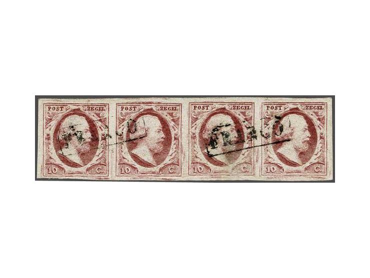 10 cent karmijnroze plaat VIII pos. 91-94 in strip van 4, pracht ex. Strippen van 4 van de 10 cent plaat VIII zijn relatief z