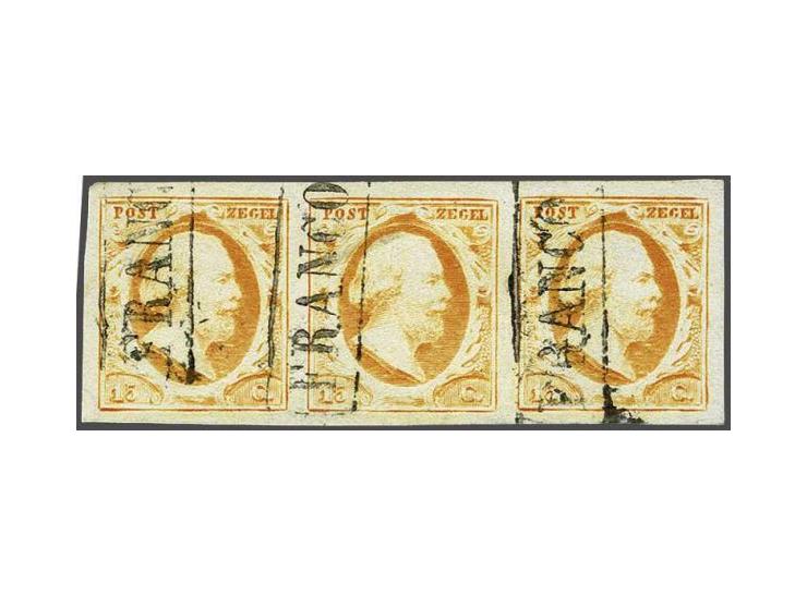 15 cent oranje pos. 48-50 in strip van 3 met certificaat Ned. Bond 2011, luxe!