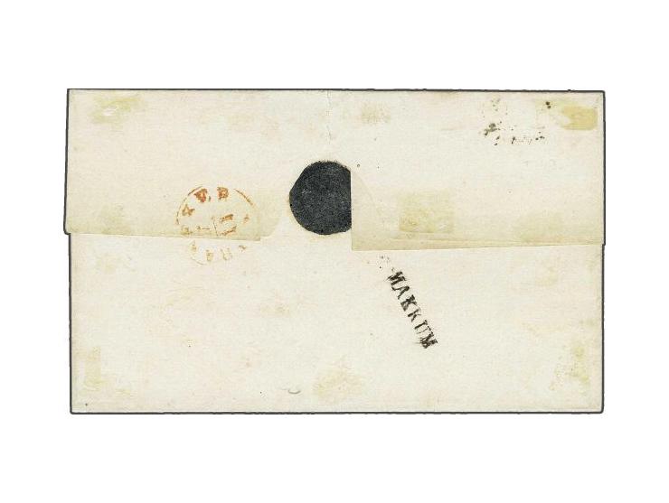 5 cent blauw plaat I met velrand op briefomslag van Makkum (langstempel achterzijde) 17-11-185? via Franeker en Harlingen naa
