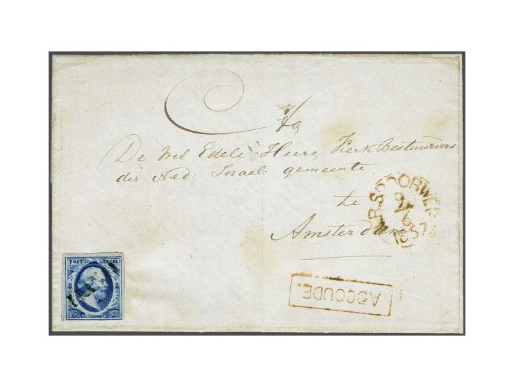 5 cent blauw plaat III met franco zonder kastje op spoorbrief van Abcoude (langstempel achterzijde) 9-6-1857 naar Amsterdam, 