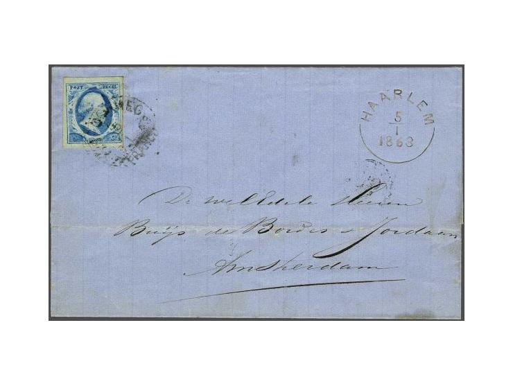 5 cent blauw plaat V op spoorbriefomslag van Houtrijk en Polanen (langstempel Houtryk enz achterzijde) 5-1-1863 over Haarlem 