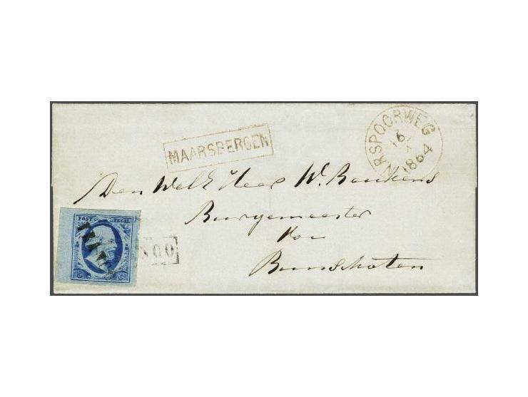 5 cent blauw plaat VI op dun papier met velrand op briefomslag van Maarsbergen 16-4-1864 per N.R. Spoorweg naar Bunschoten, f