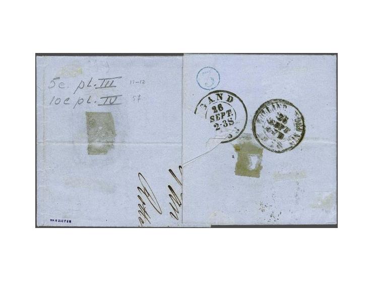 5 cent blauw plaat III pos. 11-12 in paar en 10 cent rood plaat IV pos. 57 op vouwbrief van Rotterdam 25-9-1858 naar Gent, pr
