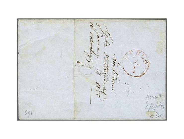 15 cent donkeroranje pos. 96 op briefomslag van Amsterdam 8-1-1853 naar Venlo, fris pracht ex.