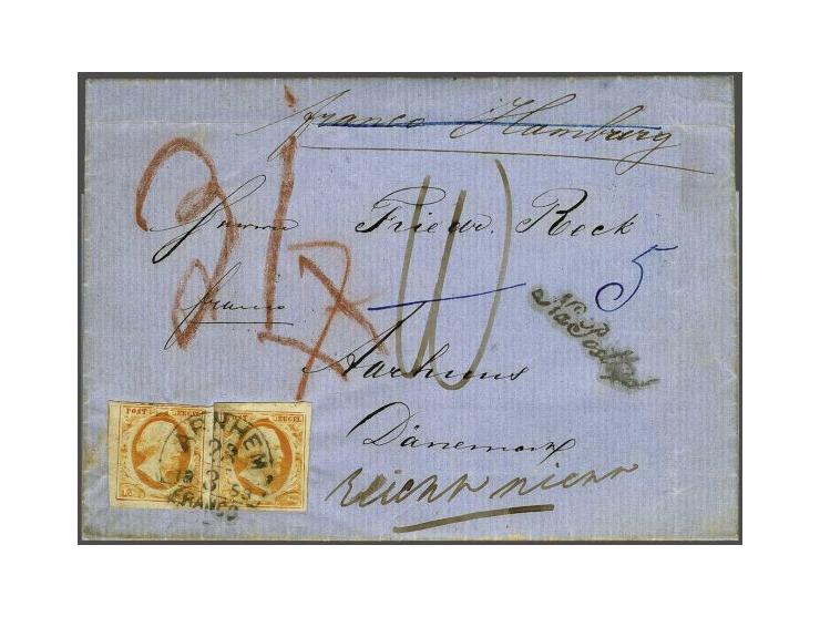 15 cent donkeroranje (2x) op brief vouwbrief van Arnhem 23-3-1858 over Hamburg naar Aarhus (DK). Geschreven franco Hamburg, d