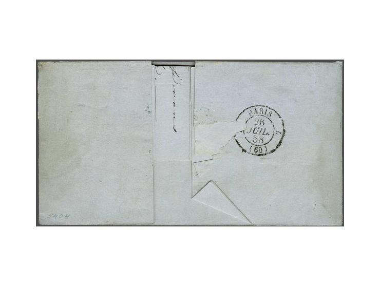 15 cent donkeroranje (2x) op Amsterdam 24-7-1858 via Valenciennes naar Parijs, fraai ex. (rechterzegel ter controle afgeweekt