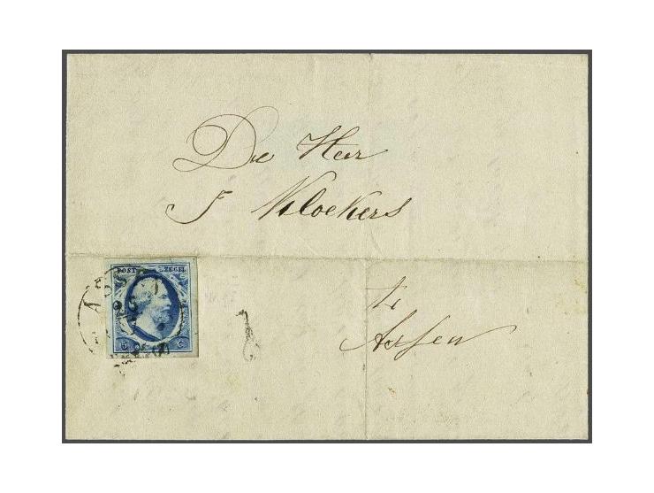 Assen B (Ey 150) op 5 cent blauw plaat I pos. 95 op vouwbrief uit Stadskanaal (langstempel achterzijde) 24-7-1852, pracht ex.