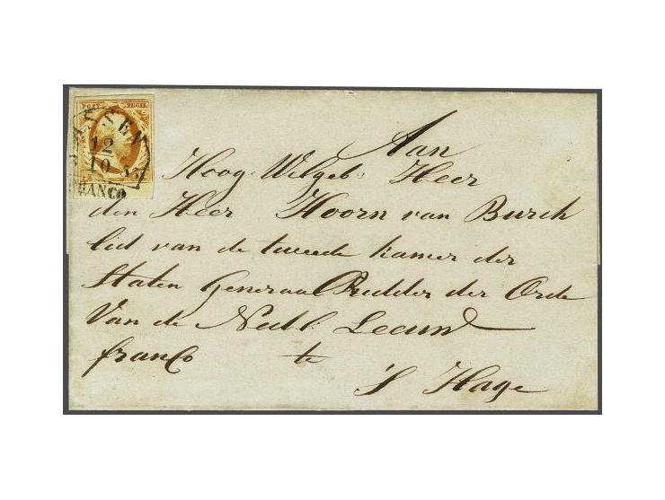 Assen B (Ey 200) op 15 cent donkeroranje met velrand op briefomslag van Norg (langstempel achterzijde) 12-10-1853 naar Den Ha