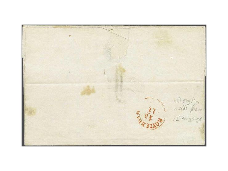 Deventer A (Ey 100) op 5 cent blauw plaat I pos. 96-98 in strip van 3 op briefomslag 17-11-1854 naar Rotterdam, pracht ex.