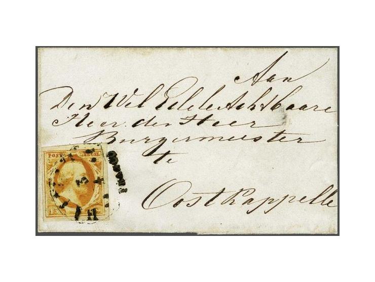 Haarlem B (Ey 500) vlekkerig op 15 cent donkeroranje op kleinformaat briefomslag 3-4-185? over Middelburg naar Oostkapelle, p