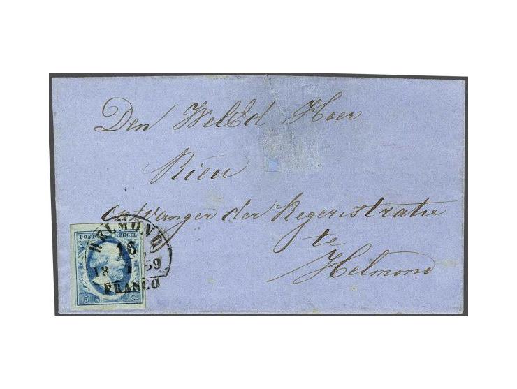 Helmond B (Ey 125) op 5 cent blauw plaat IV op briefomslag uit Gemert (langstempel achterzijde) 16-1-1859, pracht ex. (omslag