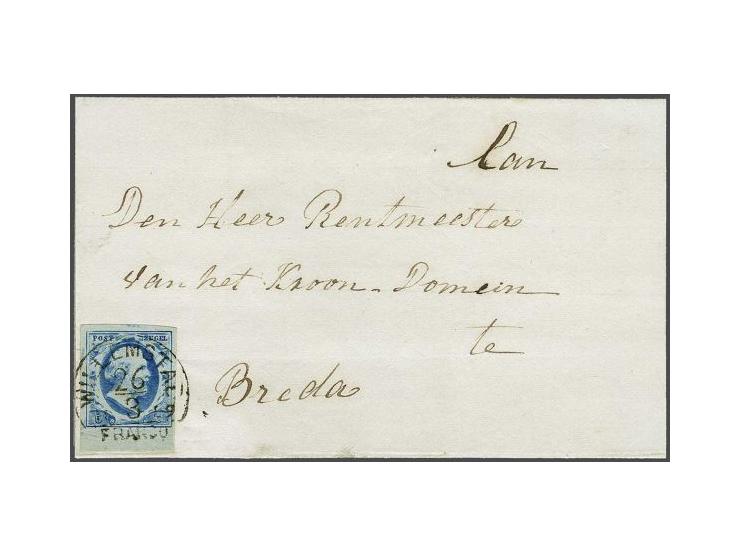 Willemstad C (Ey 175) op 5 cent blauw plaat IV pos. 21 met velrand op briefomslag van Dinteloord (langstempel achterzijde) 26