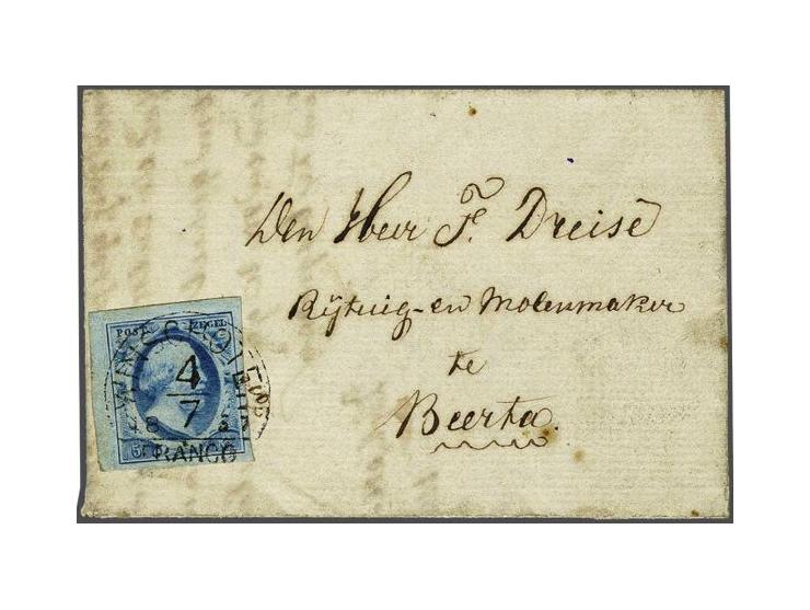 Winschoten C (Ey 150) op 5 cent blauw plaat III op kleinformaat vouwbrief van Noordbroek (langstempel achterzijde) 4-7-1857 n